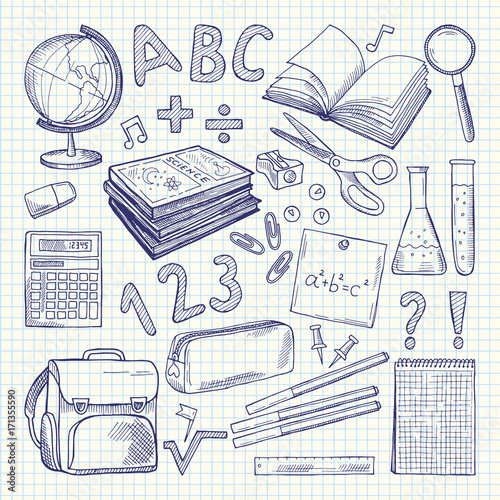 Freehand drawing school items on a sheet of exercise book