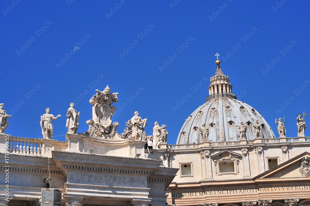 Rome, Italy. Basilica di San Pietro (dome of the St. Peter's Basilica) with moon.