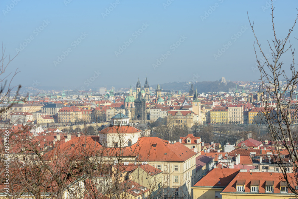 View of old Prague towards  Charles Bridge from Petrin hill.