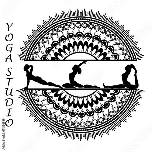 Yoga style mandala with silhouettes in yoga poses. Vector illustration.