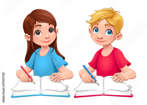 Young students boy and girl with books and pencils