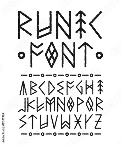  Runic hand drawn font. Vector ink brush