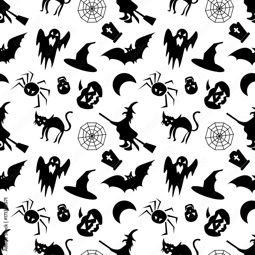 Halloween seamless pattern on a white background. Black icons of skull, spider, web, pumpkins, cauldron. Flat design Vector Illustration Halloween seamless pattern on a white background. Black icons of skull, spider, web, pumpkins, cauldron. Flat design Vector Illustration