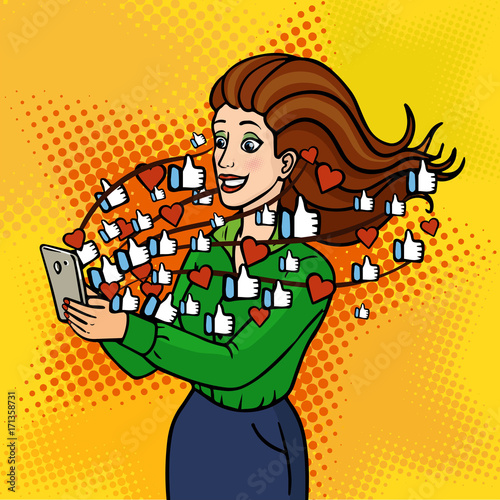 The girl gets to like and hearts in social networks. A beautiful lady is holding a phone and laughing. Vector background in comic retro pop art style. Party invitation.