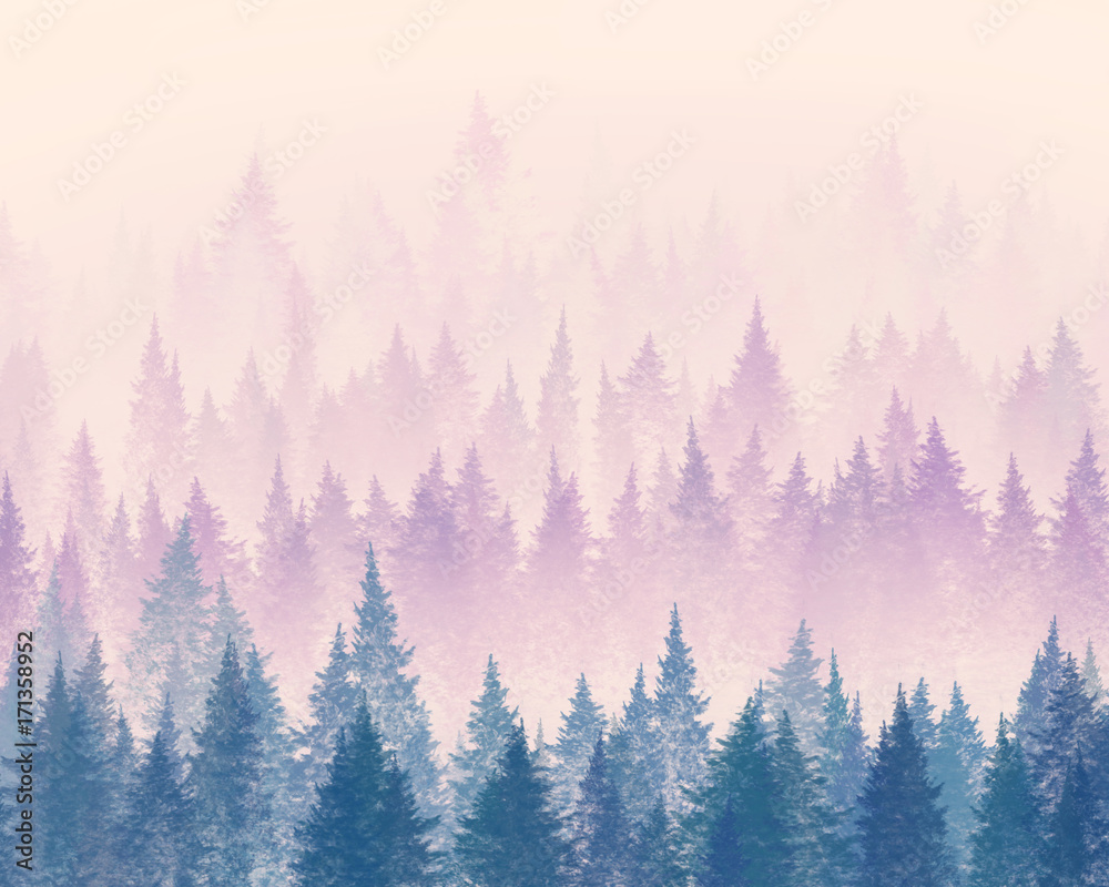 Forest in the fog. Minimalistic illustration. Digital drawing.
