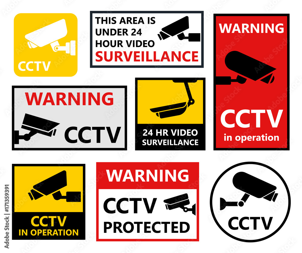 cctv stickers set, security camera symbols and signs
