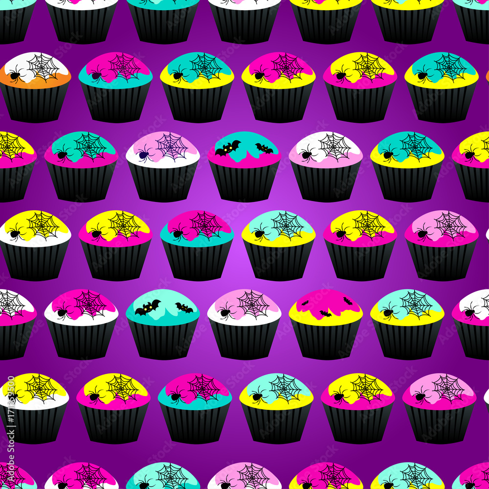 Abstract seamless pattern for girls or boys. Creative vector background with cupcake, skull, bat, halloween. Funny wallpaper for textile and fabric. Fashion style. Neon color picture for children Abstract seamless pattern for girls or boys. Creative vector background with cupcake, skull, bat, halloween. Funny wallpaper for textile and fabric. Fashion style. Neon color picture for children