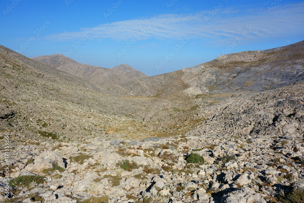 E4 European long distance hiking path near Katsiveli shelter on the Omalos Plateau, Lefka Ori Mountain Range, Crete, Greece