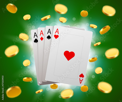 Poker cards and explosion of coins. Casino concept.