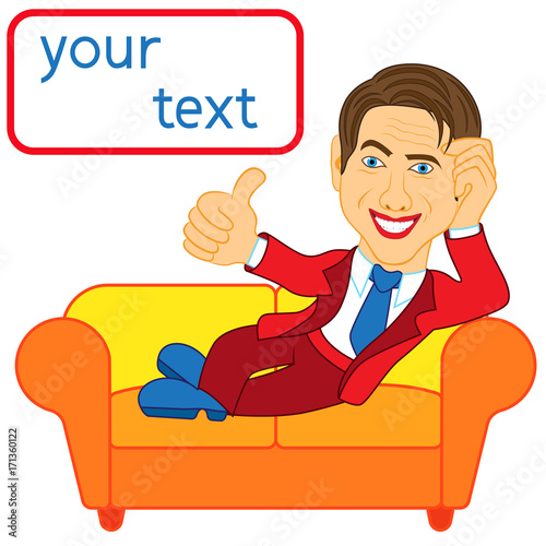 Happy man lying on an orange sofa
