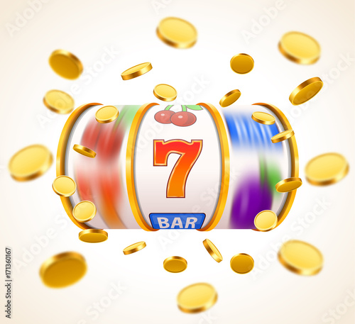Golden slot machine with flying golden coins wins the jackpot. Big win concept.