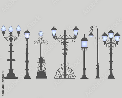 Collection of seven street lamps, isolated gray background. Figured forged street lights. Vector design classic lamps.