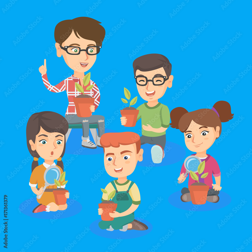 Young caucasian teacher with kids learning about plants at biology lesson. Teacher and children holding plants in pots and learning gardening. Vector sketch cartoon illustration. Square layout. Young caucasian teacher with kids learning about plants at biology lesson. Teacher and children holding plants in pots and learning gardening. Vector sketch cartoon illustration. Square layout.