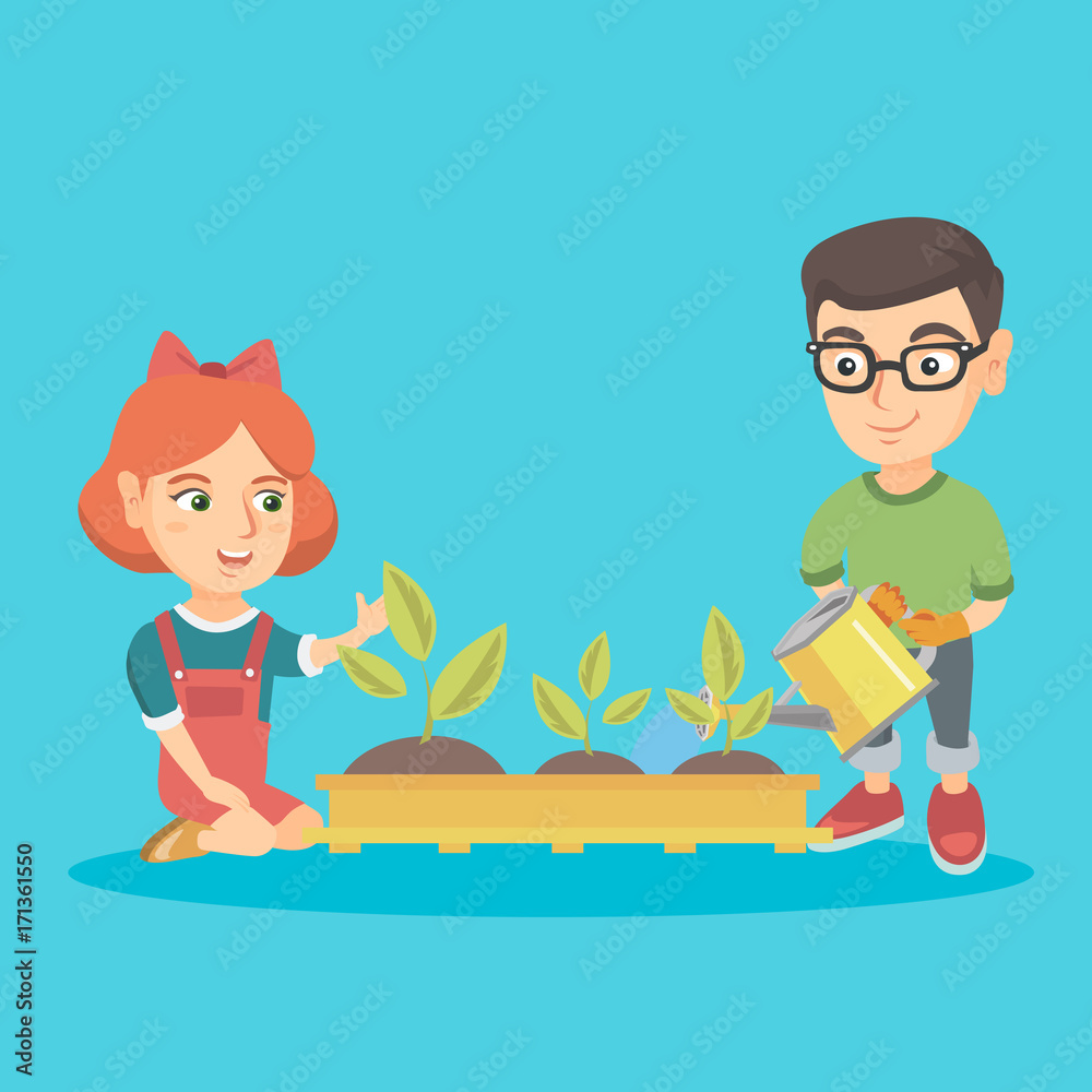 Caucasian boy and girl planting a sprout. Boy in garden gloves watering a sprout with a watering can and girl sitting near newly planted sprouts. Vector sketch cartoon illustration. Square layout. Caucasian boy and girl planting a sprout. Boy in garden gloves watering a sprout with a watering can and girl sitting near newly planted sprouts. Vector sketch cartoon illustration. Square layout.