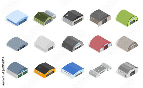Hangar icons set, isometric 3d style