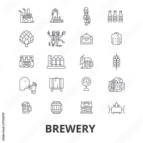 brewery, beer tap, pub,  winery, distillery, keg, brewing, hops, alchocol line icons. Editable strokes. Flat design vector illustration symbol concept. Linear signs isolated on background