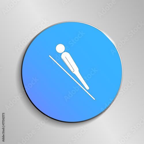 eps 10 vector Ski Jumping sport icon. Winter activity pictogram for web, print, mobile. White athlete sign isolated on blue button. Hand drawn competition symbol. Graphic design clip art illustration