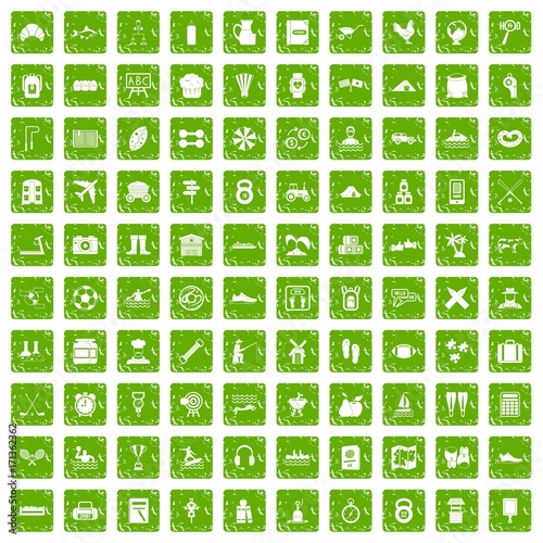 100 activity icons set grunge green