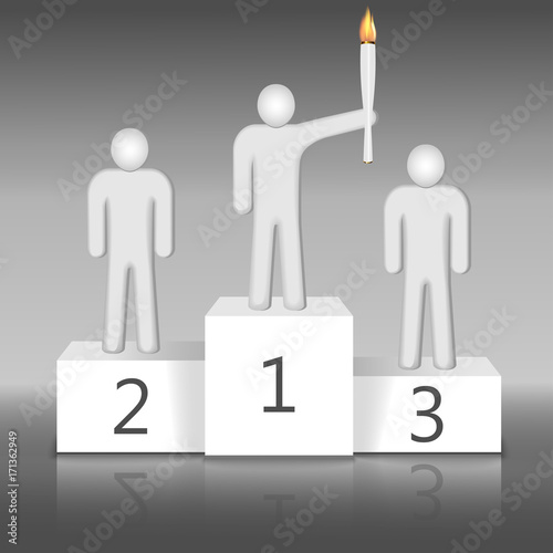 eps 10 vector illustration of athletes standing on pedestal for awards ceremony. Sport competition winner holding torch. Visualization of best competitors getting trophies. Graphic clip art design