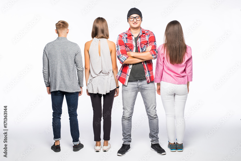 Reir view of a casual group of people with a man facing the camera isolated on white Reir view of a casual group of people with a man facing the camera isolated on white