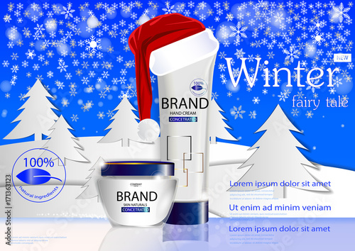 eps 10 vector cosmetics winter cream tube, bottle. Winter background with falling snow and winter forest. Happy New Year shopping promotional banner. Red Santa's hat. Christmas sale advertising poster