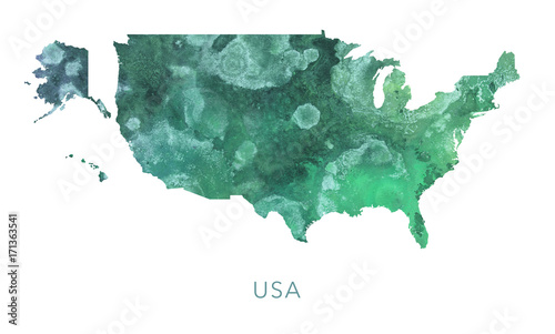 USA map green watercolor pattern, high detailed
