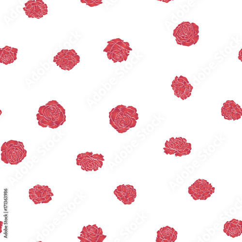 Seamless pattern with embroidery imitation red roses on white background. Stock line vector illustration.