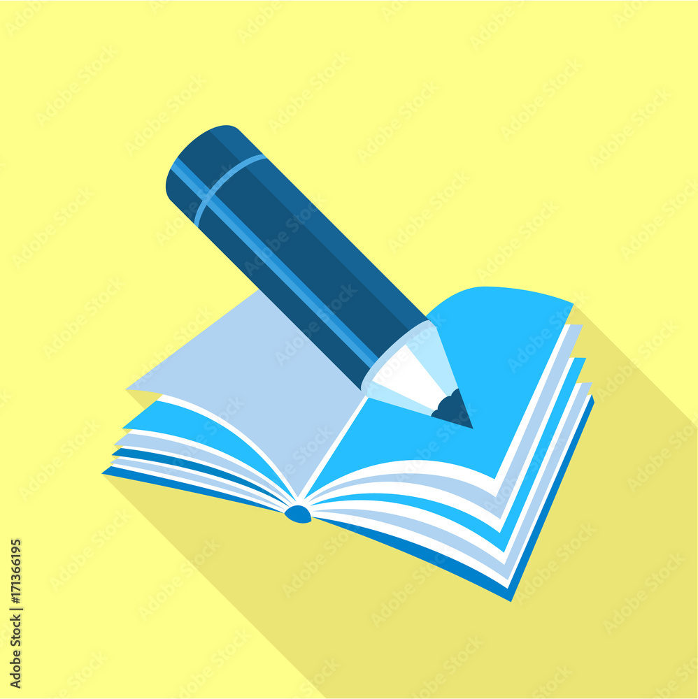 Blue pencil on book icon, flat style