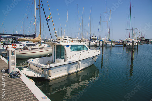 Yachts in the port waiting. Rimini, Italy.