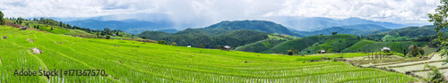 Fototapeta Naklejka Na Ścianę i Meble -  Panorama with little hut and Rice terrace in a cloudy lighting surrounded by trees and mountains with a raining storm in the background at Pa Bong Piang near  Mae Chaem, Chiangmai, Thailand...