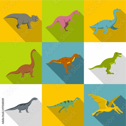 Fototapeta Naklejka Na Ścianę i Meble -  Figures of dinosaurs icon set, flat style