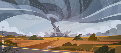 Tornado In Countryside Hurricane Landscape Of Storm Waterspout Twister In Field Natural Disaster Concept Flat Vector Illustration