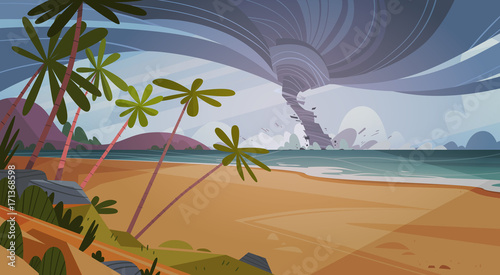 Tornado Incoming From Sea Hurricane In Ocean Beach Landscape Of Storm Waterspout Twister Natural Disaster Concept Flat Vector Illustration