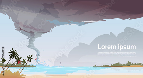 Tornado Incoming From Sea Hurricane In Ocean Beach Landscape Of Storm Waterspout Twister Natural Disaster Concept Flat Vector Illustration
