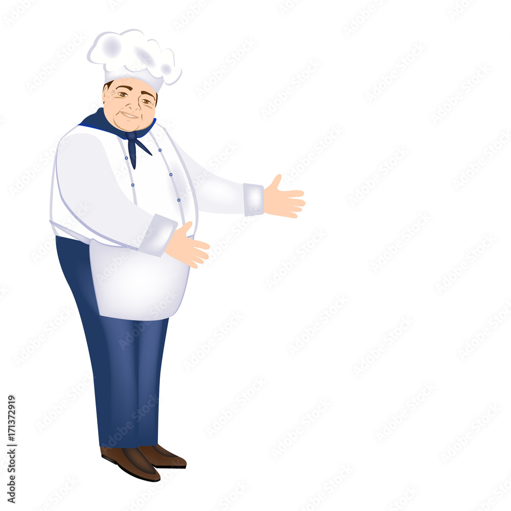 Cute chef smiling. Happy chef in uniform. Pretty chef. Vector illustration to design food, menu, restaurant or cafe. Cute chef smiling. Happy chef in uniform. Pretty chef. Vector illustration to design food, menu, restaurant or cafe.