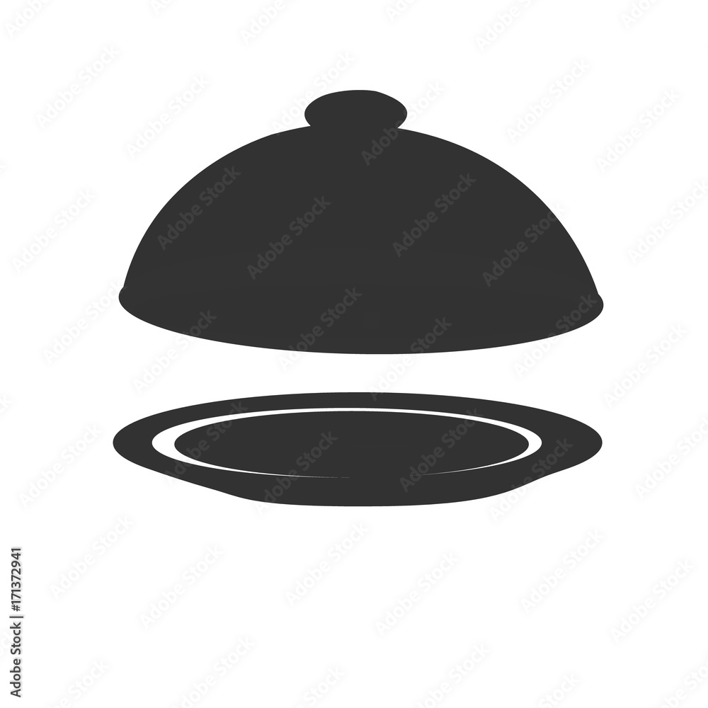 Plate for hot dishes in the restaurant. Vector silver opened cloche on white background. Vector