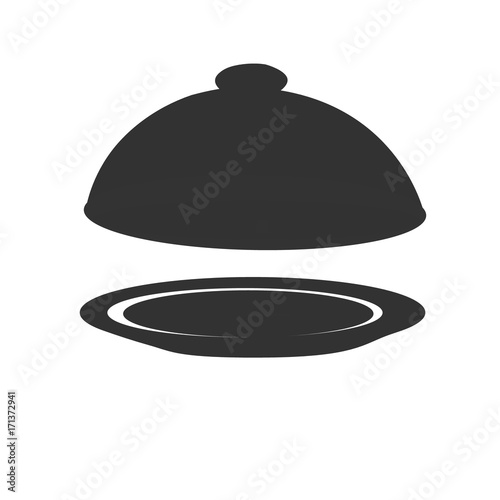 Plate for hot dishes in the restaurant. Vector silver opened cloche on white background. Vector illustration to culinary sites or cookbook, vegetarian menu, kitchen interior design.