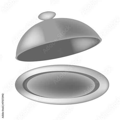 Plate for hot dishes in the restaurant. Vector silver opened cloche on white background. Vector illustration to culinary sites or cookbook, vegetarian menu, kitchen interior design.
