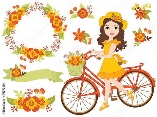 Vector Romantic Set with Beautiful Girl, Bicycle and Autumn Flowers