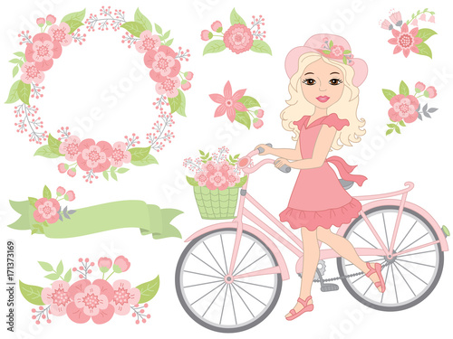 Vector Romantic Set with Beautiful Girl, Bicycle and Pink Flowers