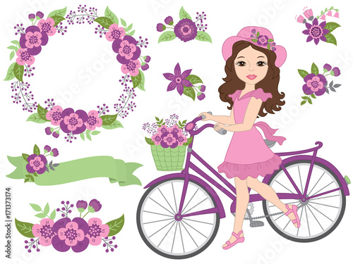 Vector Romantic Set with Beautiful Girl, Bicycle and Purple Flowers