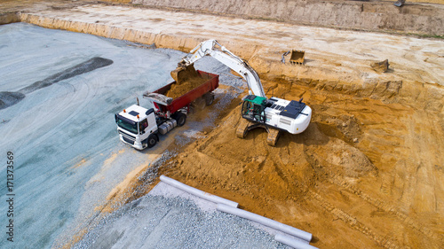 Photo aérienne d'une pelleteuse chargeant un camion sur un chantier photo