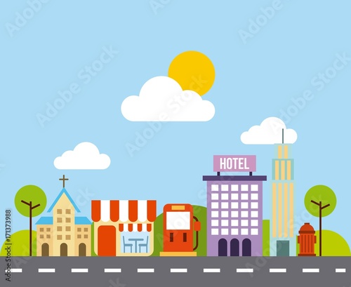 city buildings road urban street landscape vector illustration