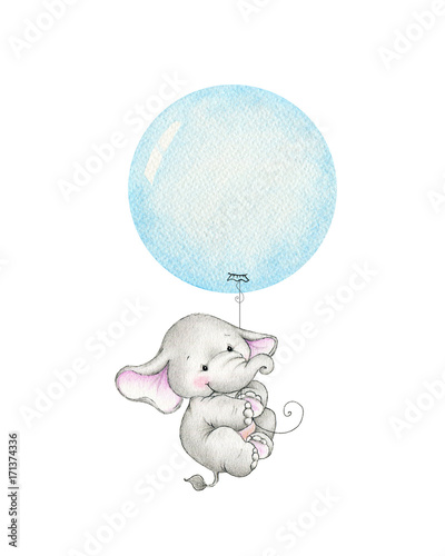 Cute elephant flying on a blue balloon