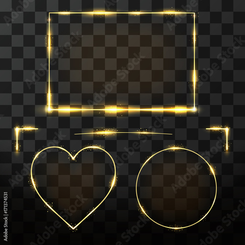 Vector golden frame set with glow effect. Neon rectangle, circle and heart frame with glitter effect