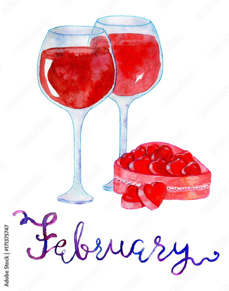 Obraz February. Two goblets of wine and chocolates. Watercolor isolated illustration for calendar design page.