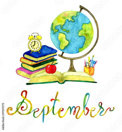 September. Books, apple and global map. Watercolor isolated illustration for calendar design page.