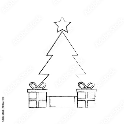 tree pine gift boxes star christmas decoration vector illustration