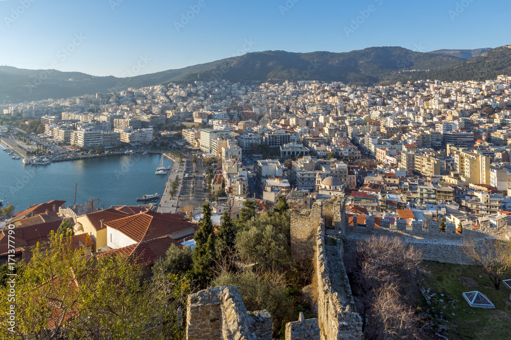 Sunset Panorama to city of Kavala, East Macedonia and Thrace, Greece