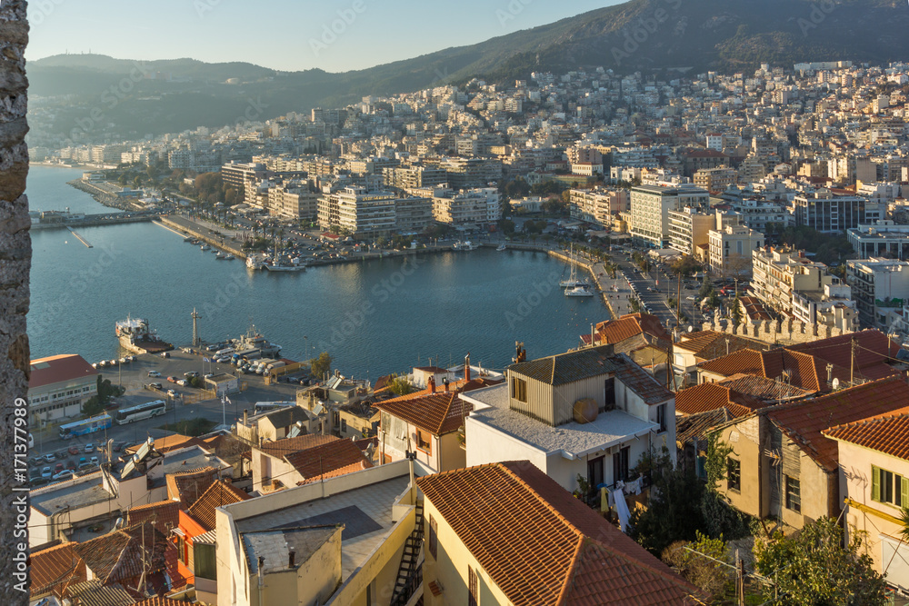 Obraz premium Sunset Panorama to city of Kavala, East Macedonia and Thrace, Greece